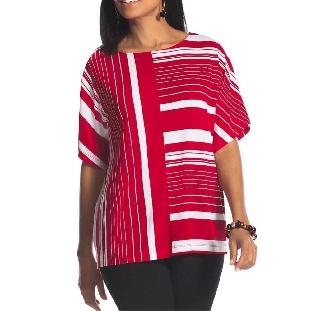 Chicos Striped Variety East West Top Red White Contrast Stripe Flowy Boxy Top